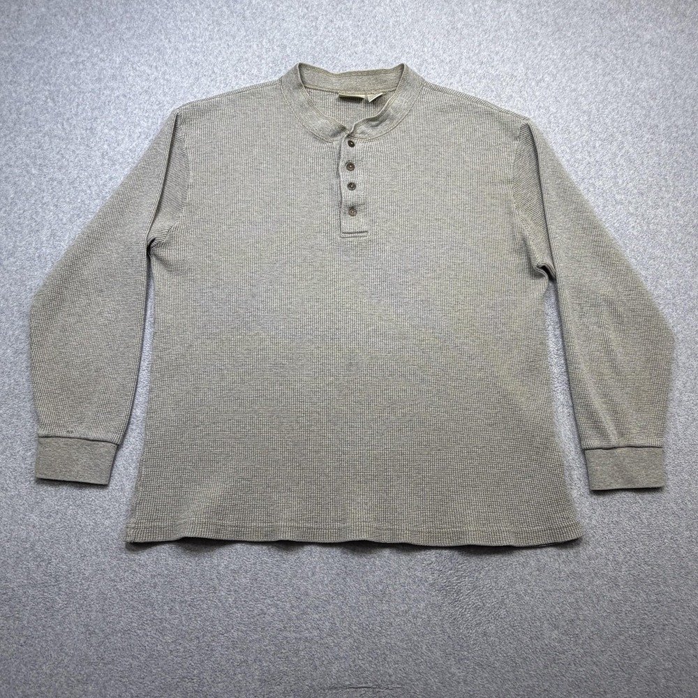 LL Bean Henley Shirt Mens XL Oatmeal Long Sleeve Waffle Knit Cotton Made USA